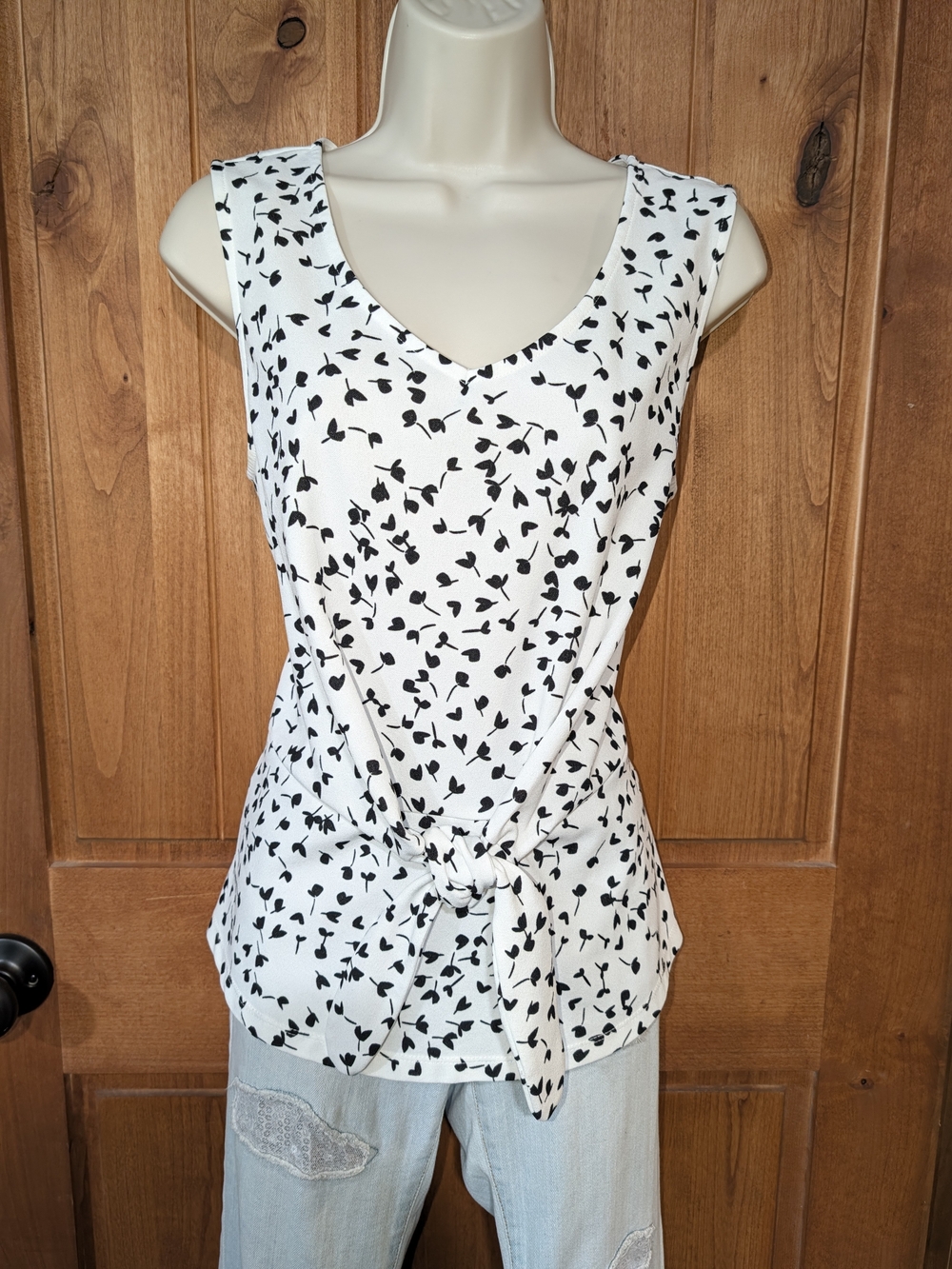 Talbots White Tank Top with Black Flower Print and Front Tie